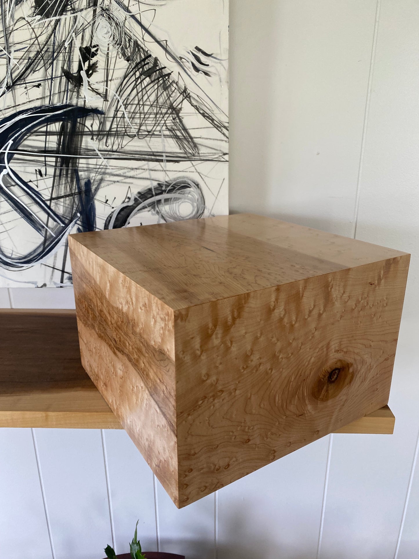 Minimalist Cremation Urn-Birdseye maple, imperfect wood, for Adult Human Ashes, up to 380 pounds