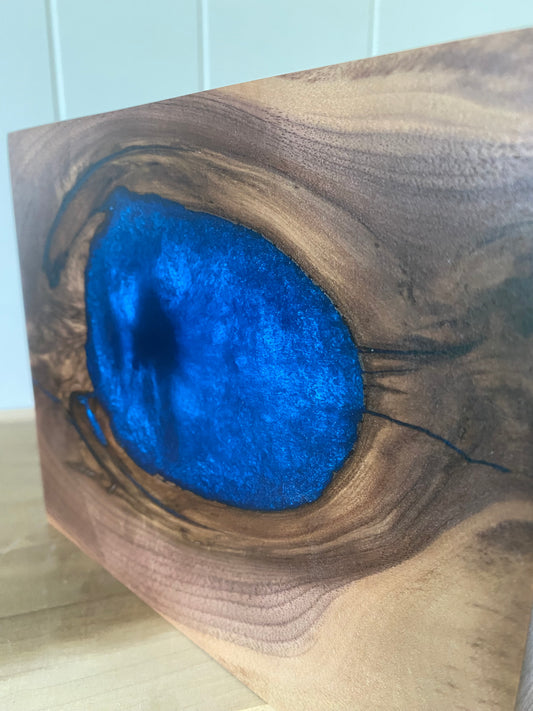 Minimalist Cremation Urn-Black Walnut, blue epoxy, marbled imperfect wood, for Adult Human Ashes, up to 200 pounds