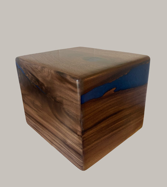 Minimalist Cremation Urn-Black Walnut, blue epoxy, marbled imperfect wood, for Adult Human Ashes, up to 290 pounds