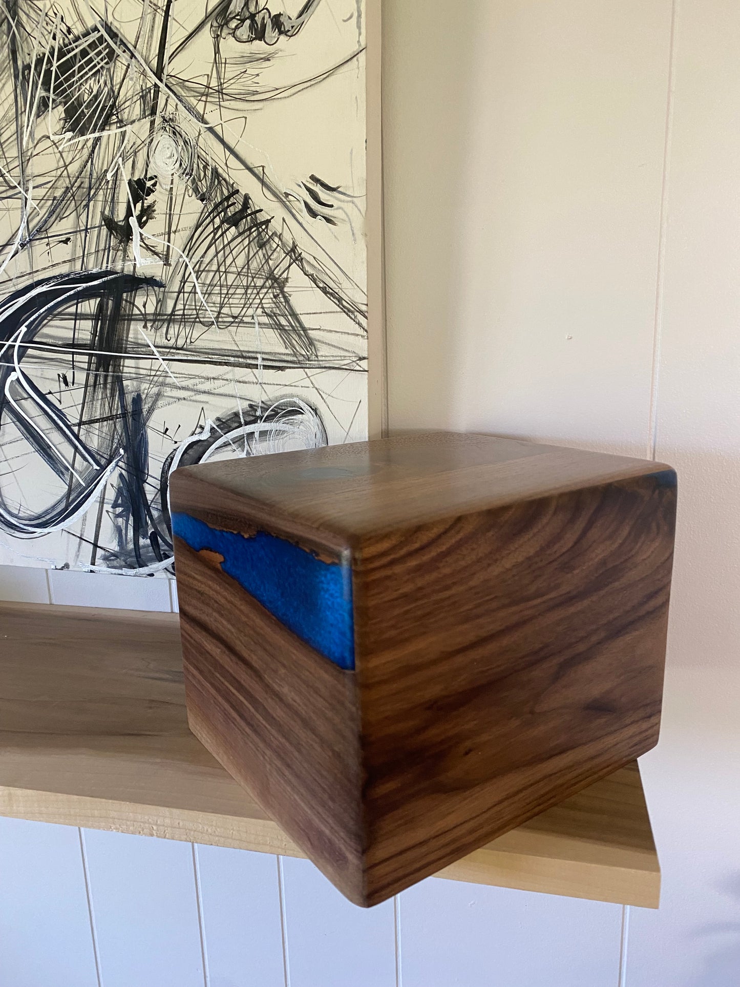 Minimalist Cremation Urn-Black Walnut, blue epoxy, marbled imperfect wood, for Adult Human Ashes, up to 290 pounds