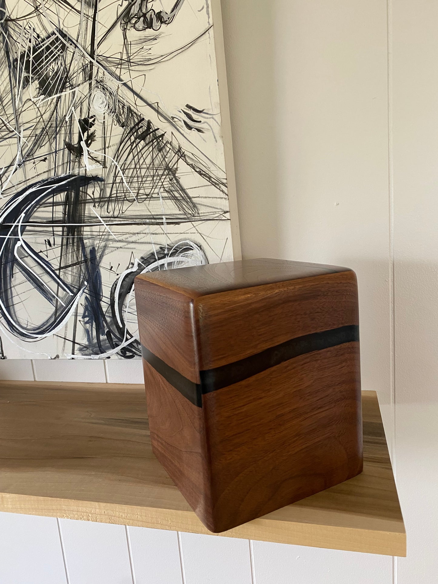 Minimalist Cremation Urn-Black Walnut, black epoxy, imperfect, bicolored for ashes, up to 120 pounds