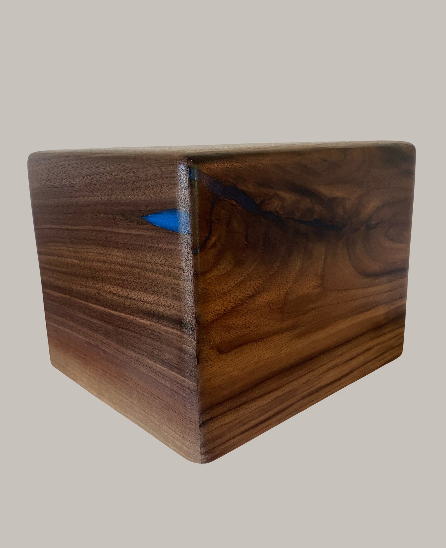 Minimalist Cremation Urn-Black Walnut, blue epoxy, marbled imperfect wood, for Adult Human Ashes, up to 290 pounds