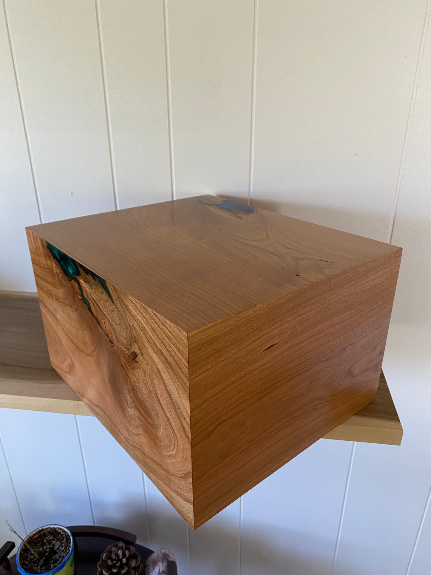 Minimalist Cremation Companion Urn-Cherry with green and blue epoxy, for Adult Human Ashes, up to 550 pounds