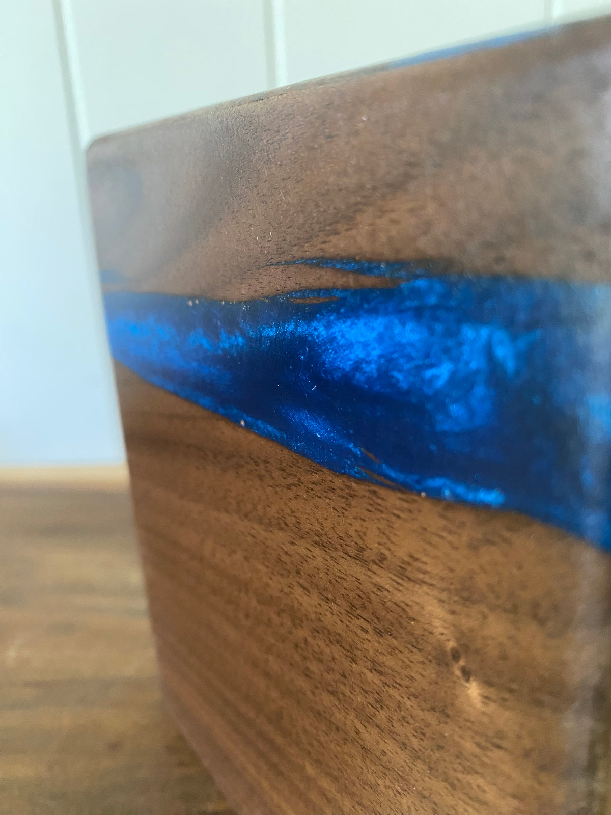 Minimalist Cremation Urn-Black Walnut, blue epoxy for Adult Human Ashes, up to 50 pounds