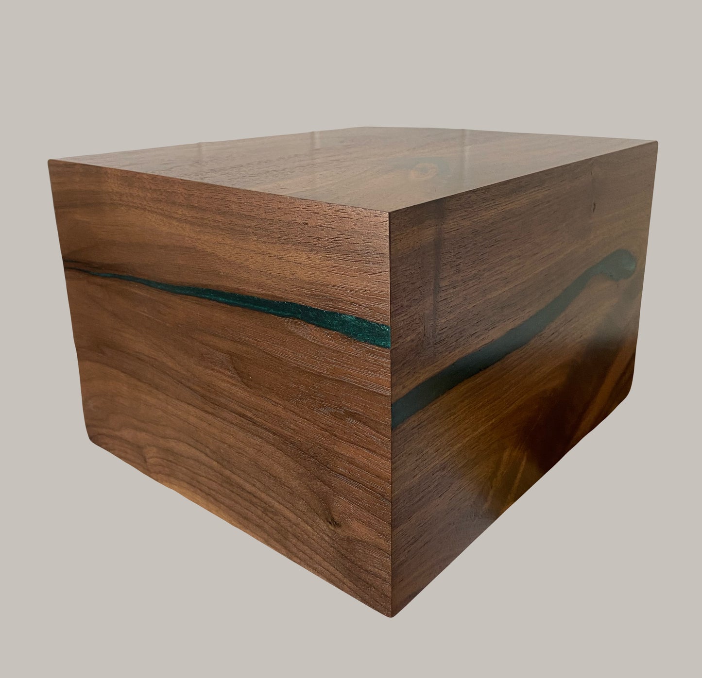 Minimalist Cremation Urn-Black Walnut, blue and green epoxy for Adult Human Ashes, up to 280pounds