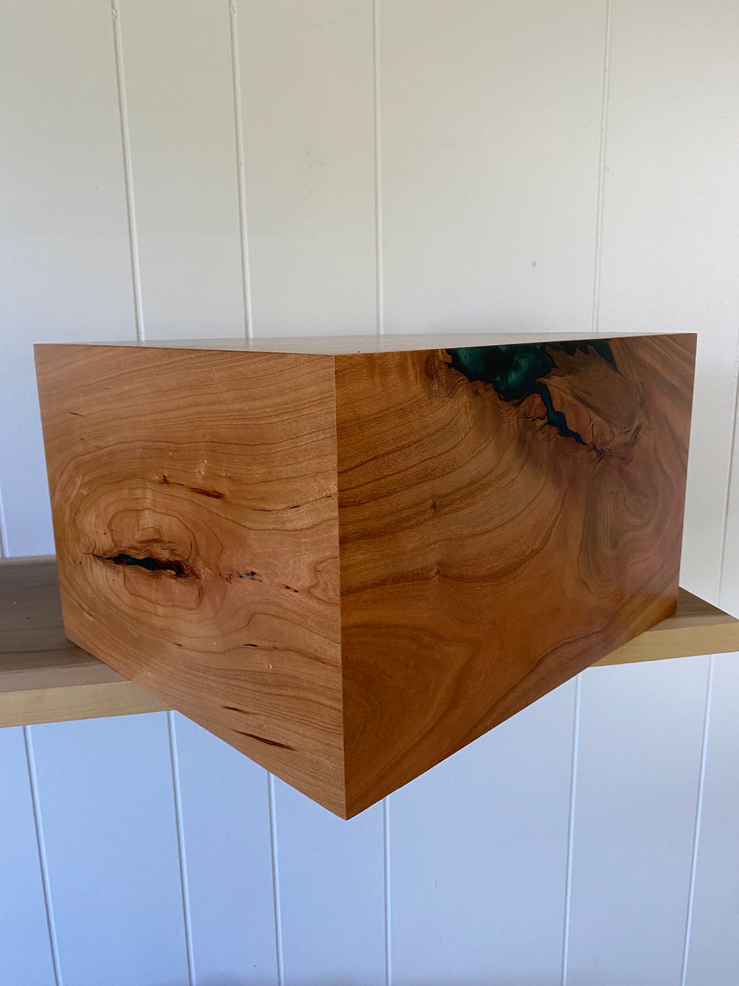 Minimalist Cremation Companion Urn-Cherry with green and blue epoxy, for Adult Human Ashes, up to 550 pounds