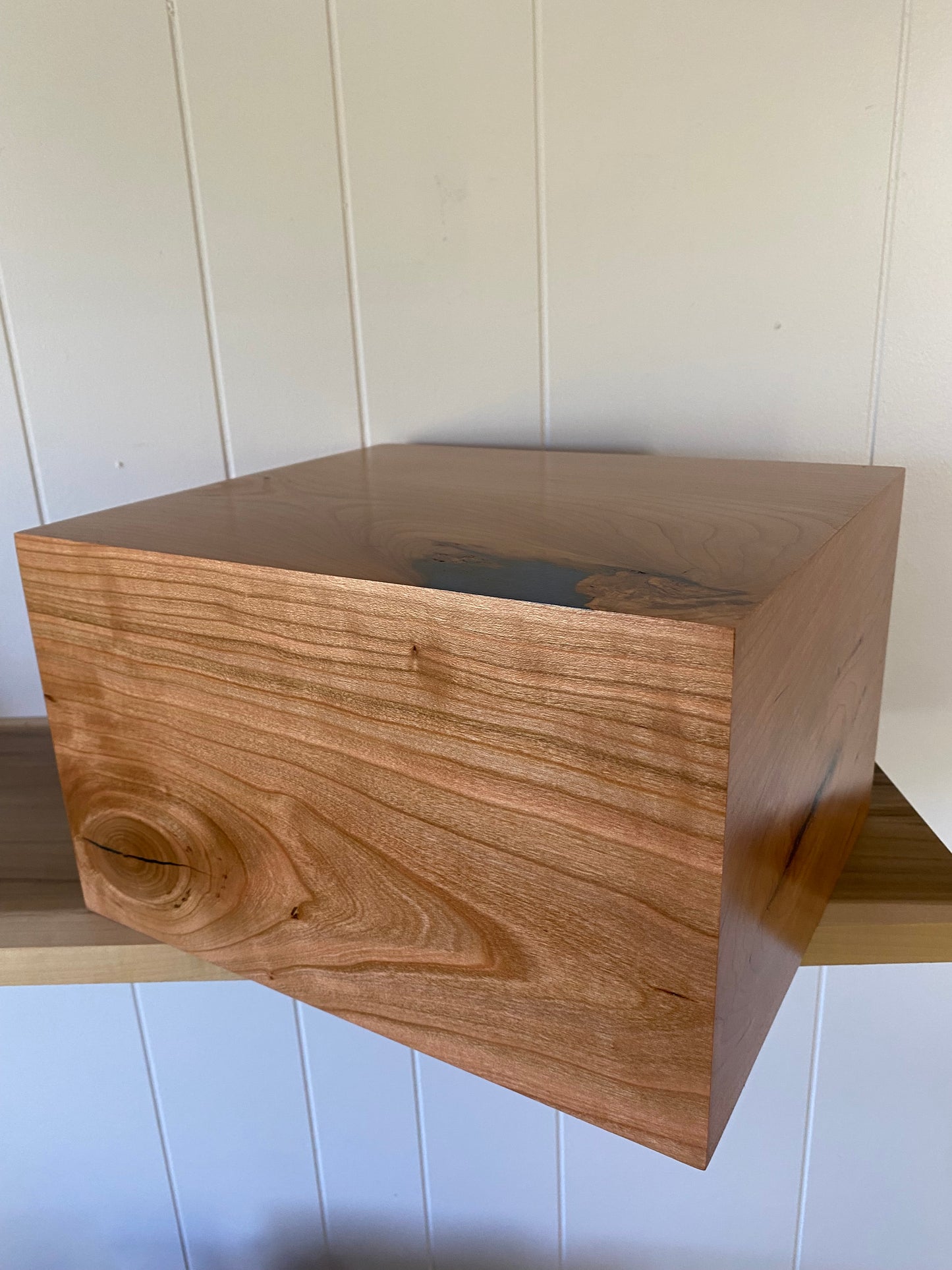Minimalist Cremation Companion Urn-Cherry with green and blue epoxy, for Adult Human Ashes, up to 550 pounds
