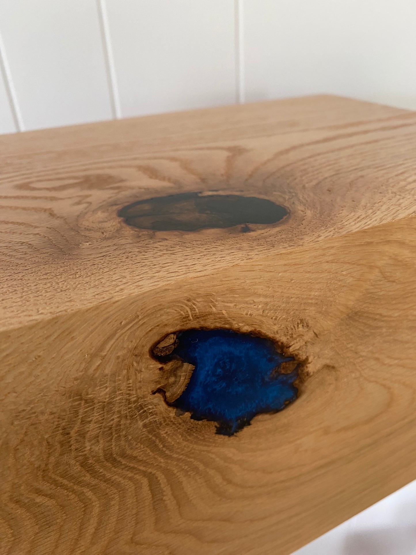 Cremation Urn- Oak and Hickory marbled, black and blue epoxy, imperfect, knotty for Ashes, up to 400 pounds