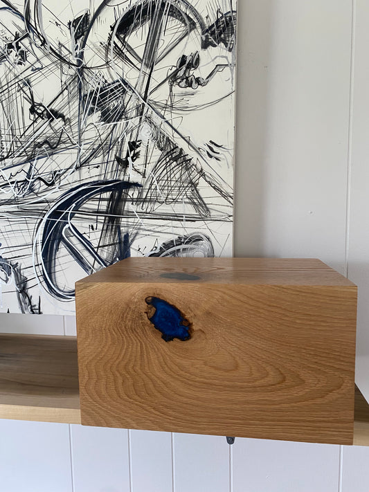Cremation Urn- Oak and Hickory marbled, black and blue epoxy, imperfect, knotty for Ashes, up to 400 pounds
