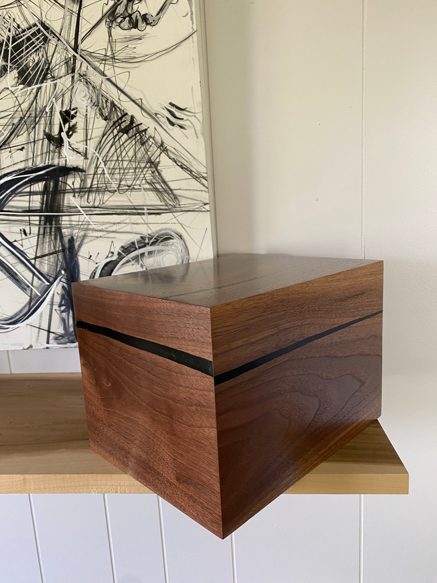 Minimalist Cremation Urn-Black Walnut, black epoxy, imperfect, bicolored for ashes, up to 290 pounds