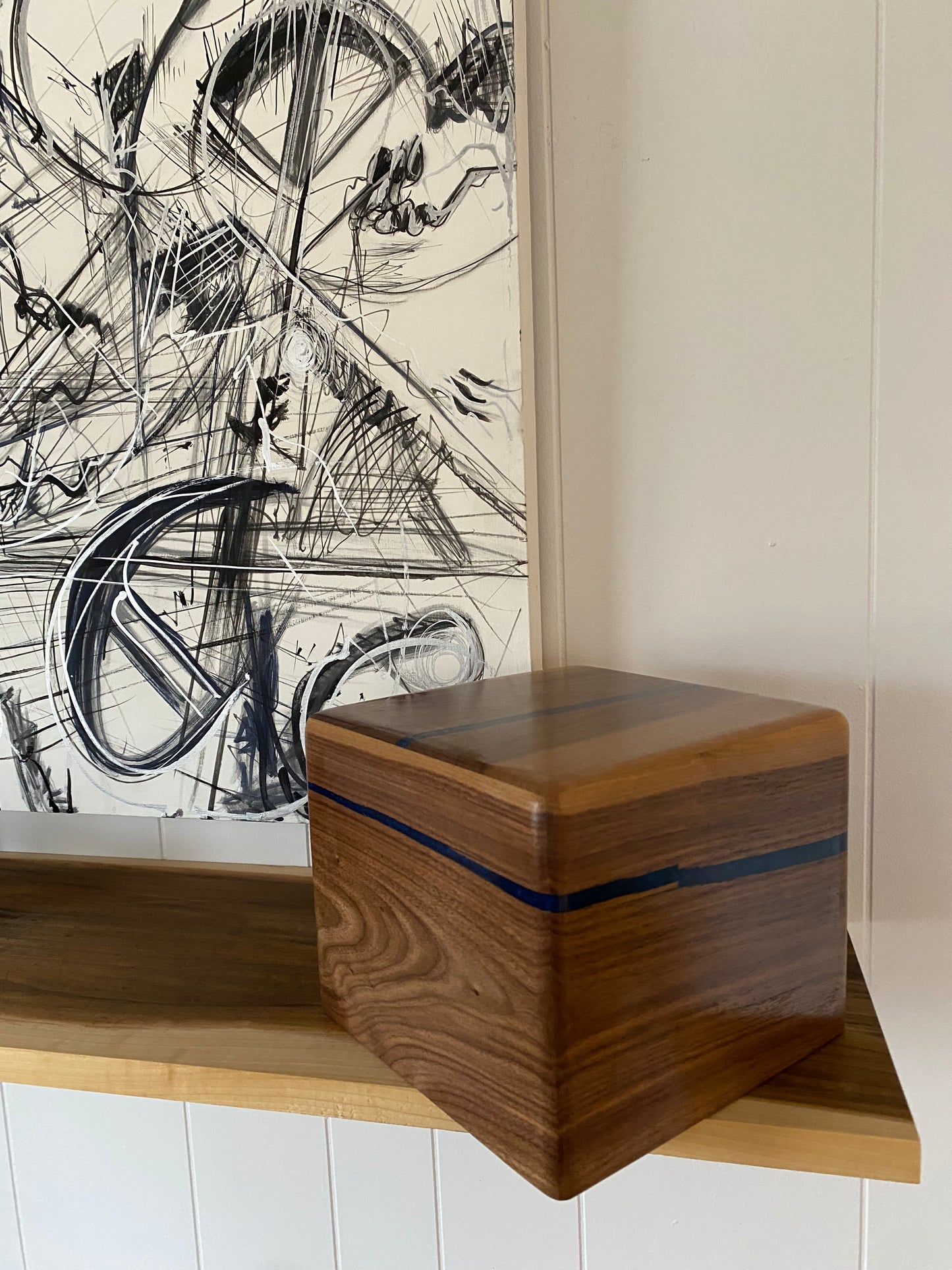 Minimalist Cremation Urn-Black Walnut, blue epoxy, imperfect, bicolored for ashes, up to 230 pounds