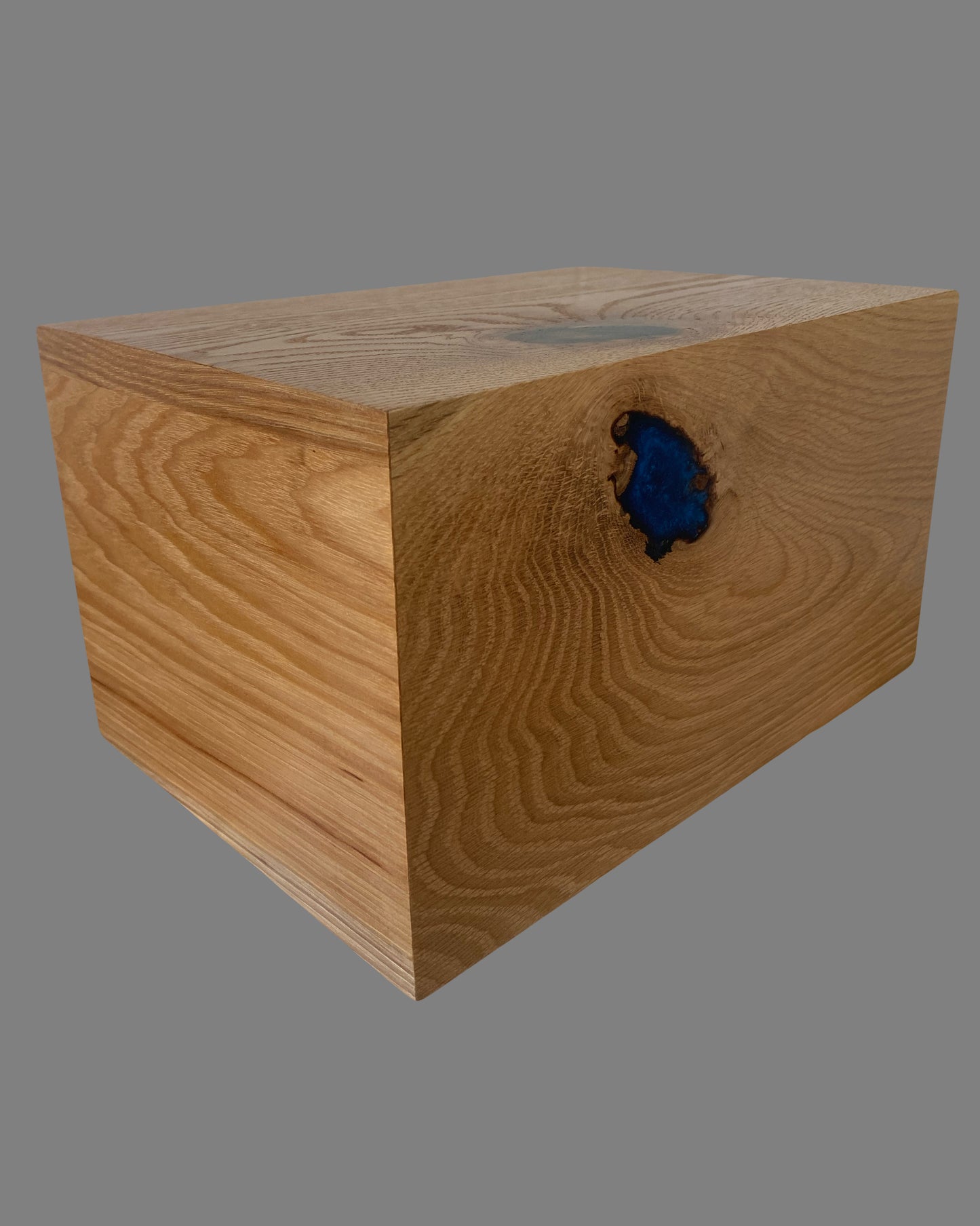 Cremation Urn- Oak and Hickory marbled, black and blue epoxy, imperfect, knotty for Ashes, up to 400 pounds