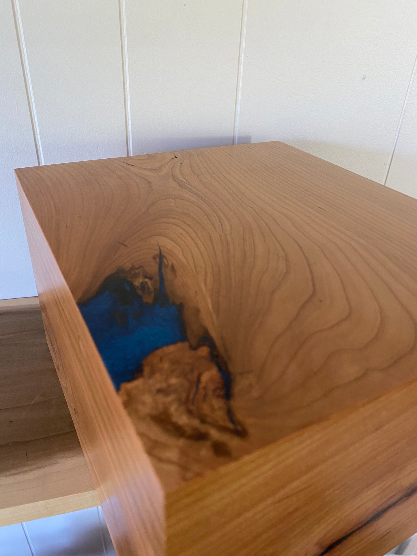 Minimalist Cremation Companion Urn-Cherry with green and blue epoxy, for Adult Human Ashes, up to 550 pounds