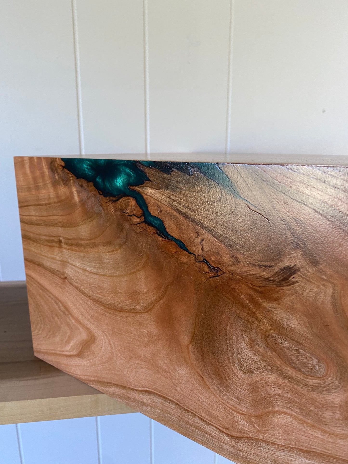 Minimalist Cremation Companion Urn-Cherry with green and blue epoxy, for Adult Human Ashes, up to 550 pounds