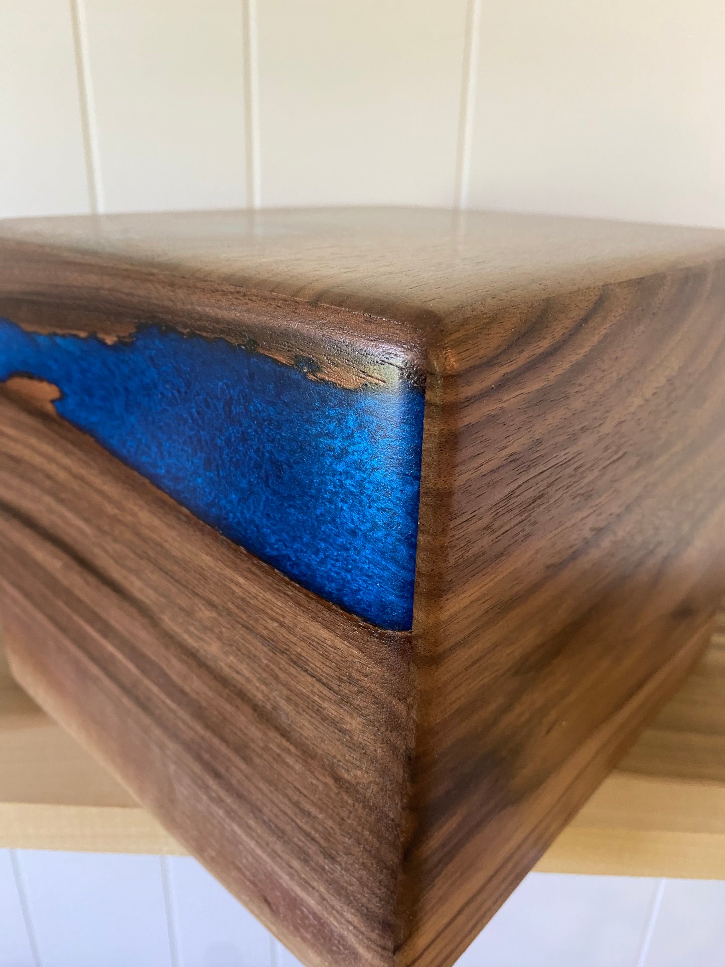 Minimalist Cremation Urn-Black Walnut, blue epoxy, marbled imperfect wood, for Adult Human Ashes, up to 290 pounds