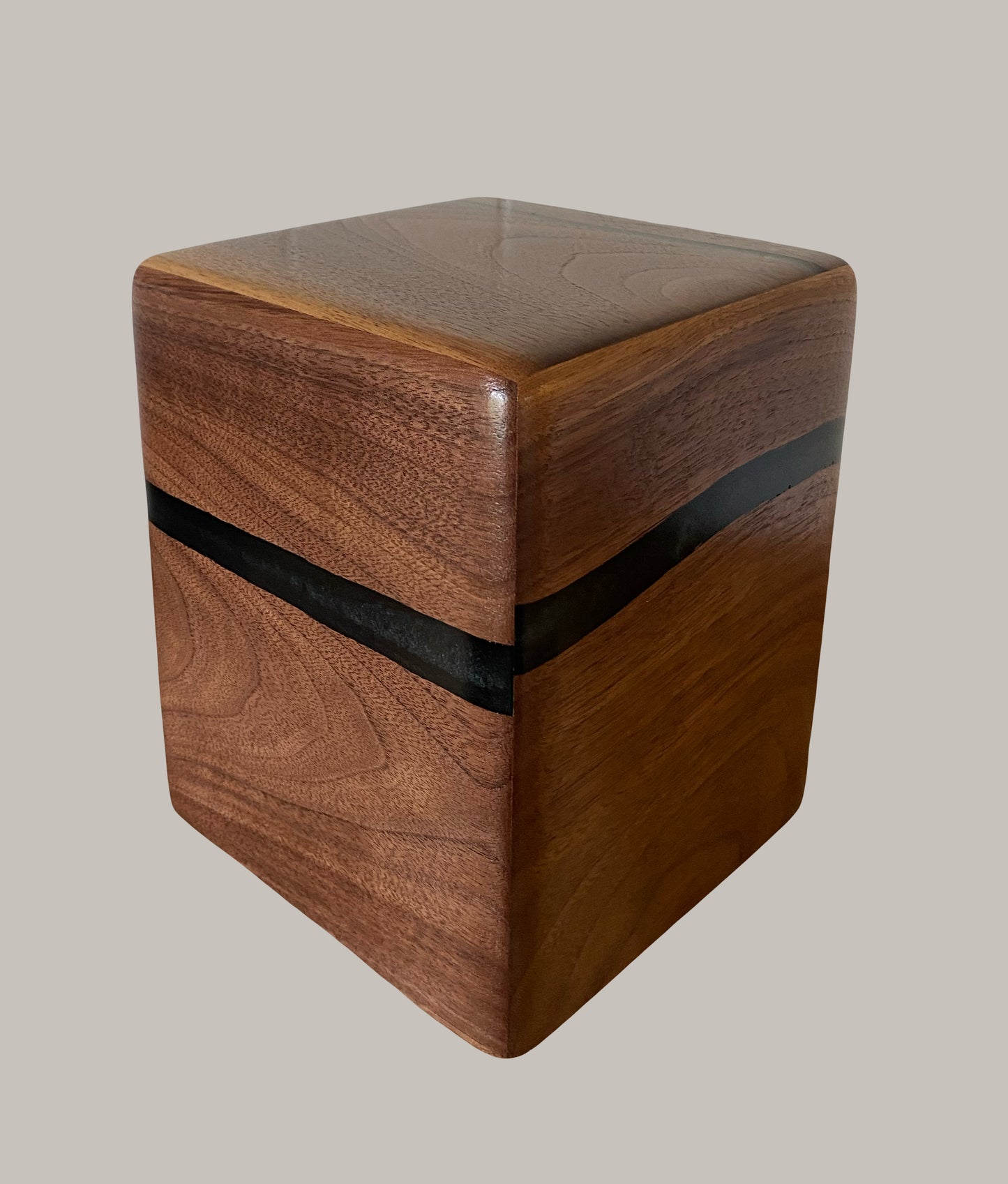 Minimalist Cremation Urn-Black Walnut, black epoxy, imperfect, bicolored for ashes, up to 120 pounds