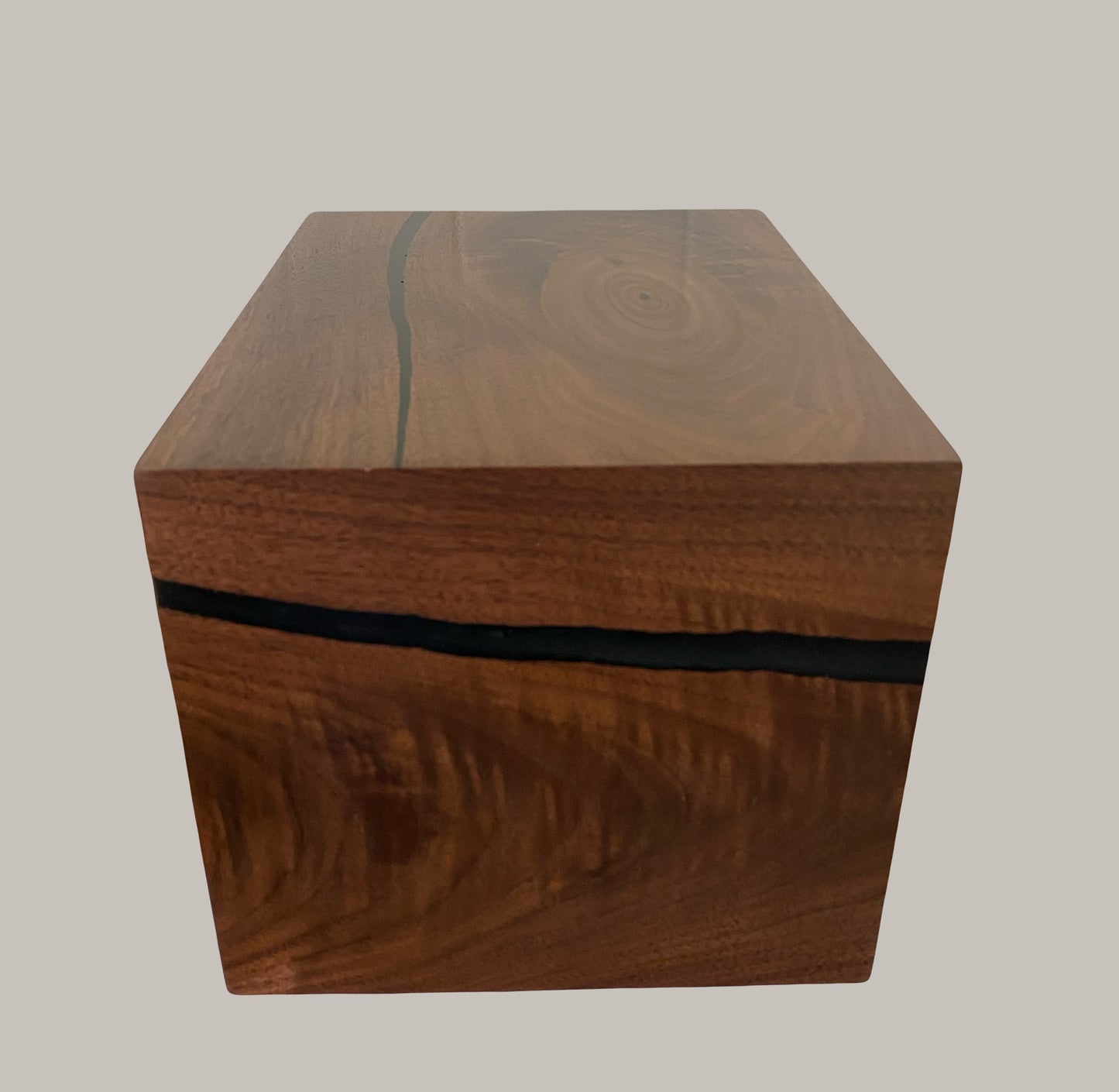 Minimalist Cremation Urn-Black Walnut, black epoxy, imperfect, bicolored for ashes, up to 290 pounds