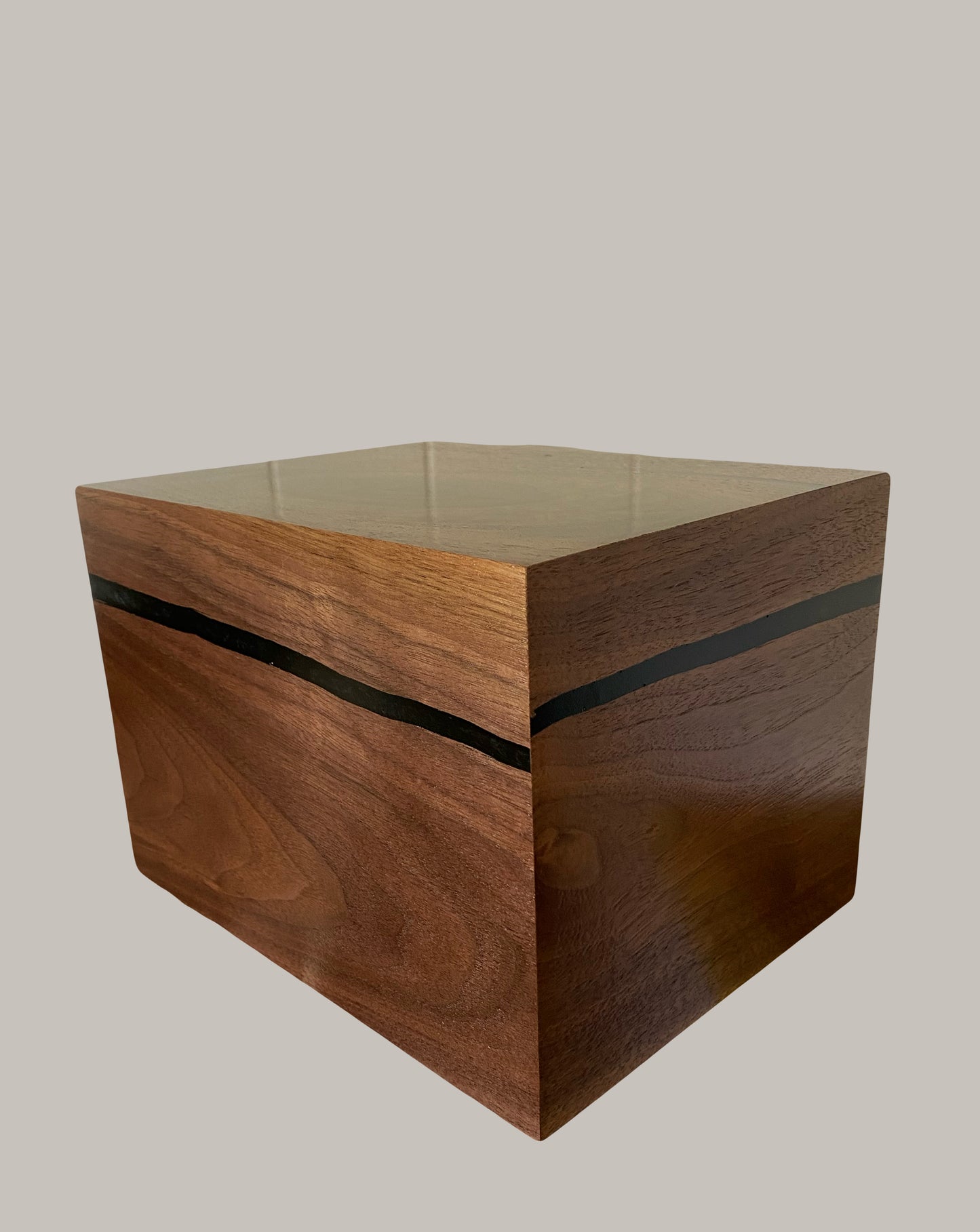 Minimalist Cremation Urn-Black Walnut, black epoxy, imperfect, bicolored for ashes, up to 290 pounds