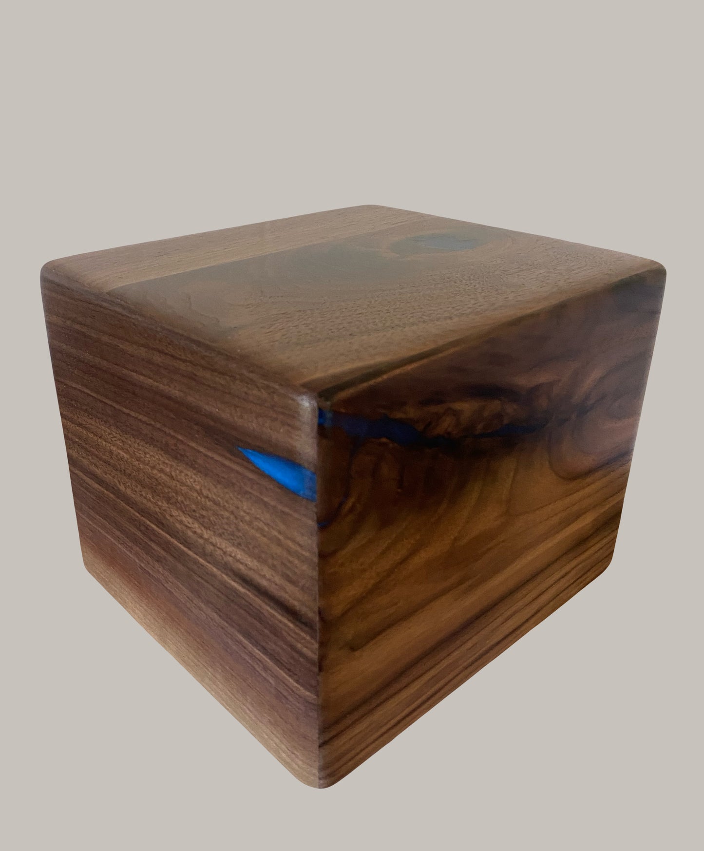 Minimalist Cremation Urn-Black Walnut, blue epoxy, marbled imperfect wood, for Adult Human Ashes, up to 290 pounds