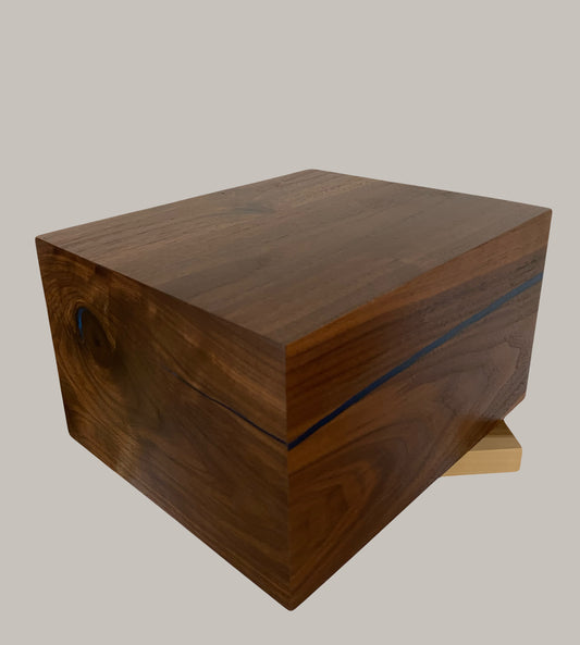 Minimalist Cremation Urn-Black Walnut, blue epoxy, marbled imperfect wood, for Adult Human Ashes, up to 300 pounds