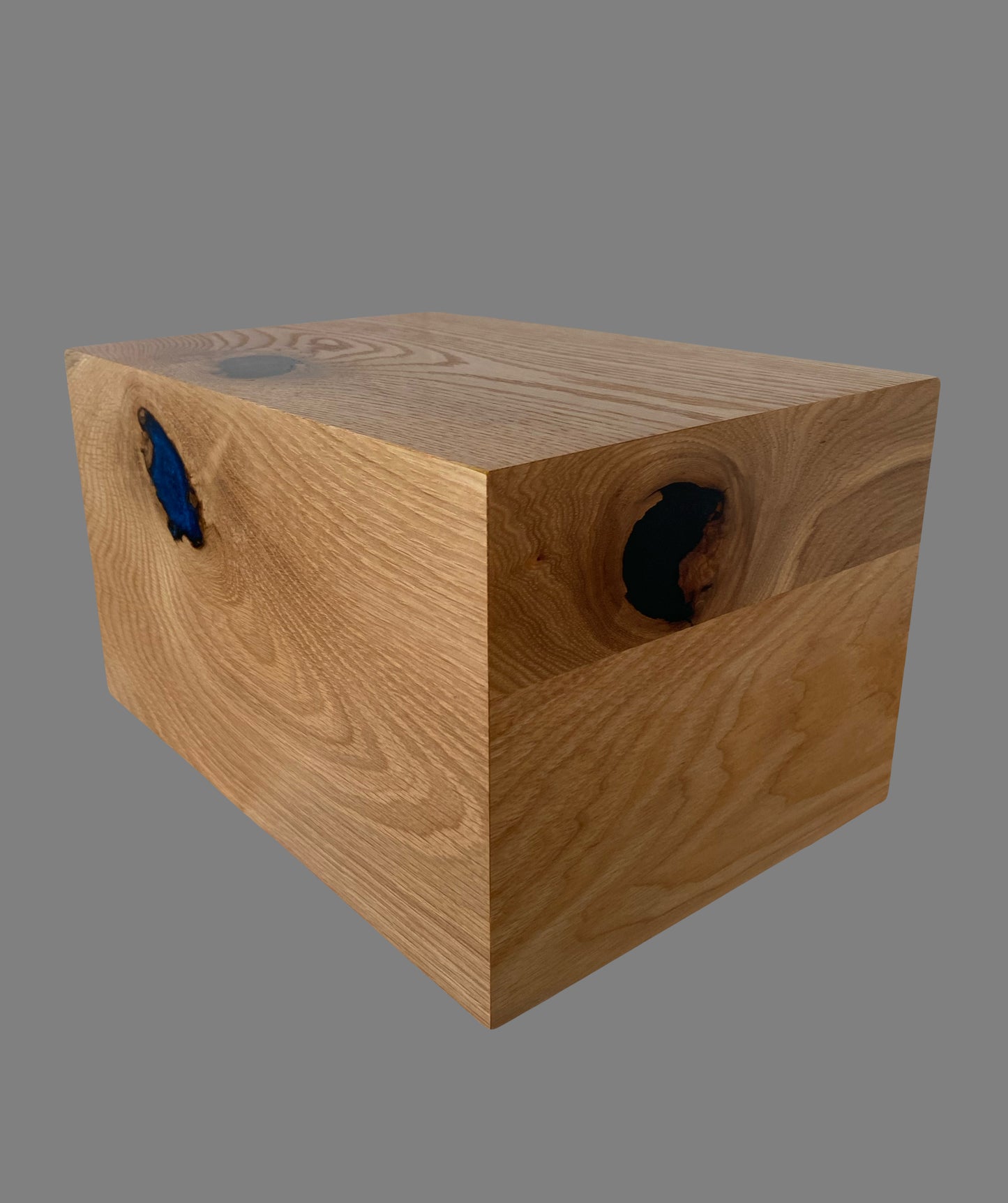 Cremation Urn- Oak and Hickory marbled, black and blue epoxy, imperfect, knotty for Ashes, up to 400 pounds
