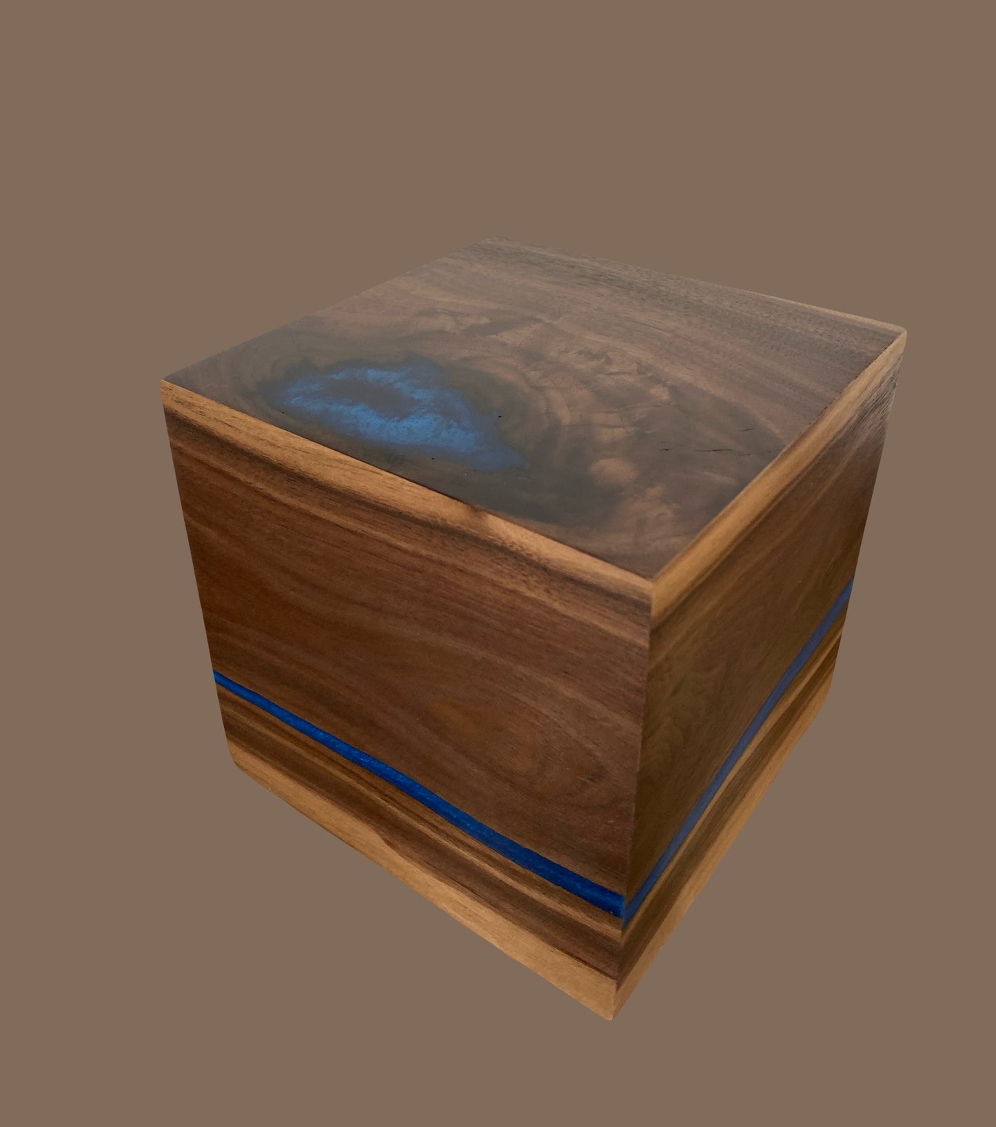 Cube Cremation Urn-Black Walnut marbled, black epoxy, imperfect, knotty for Ashes, up to 165 pounds