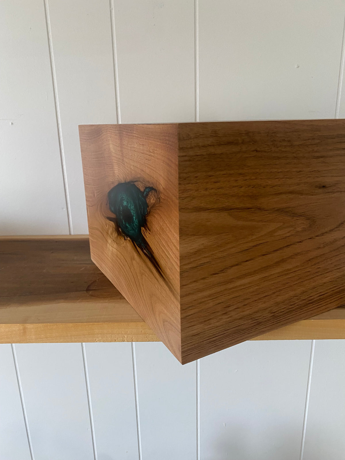 Minimalist Cremation Urn-Butternut, green epoxy for Adult Human Ashes, up to 300 pounds