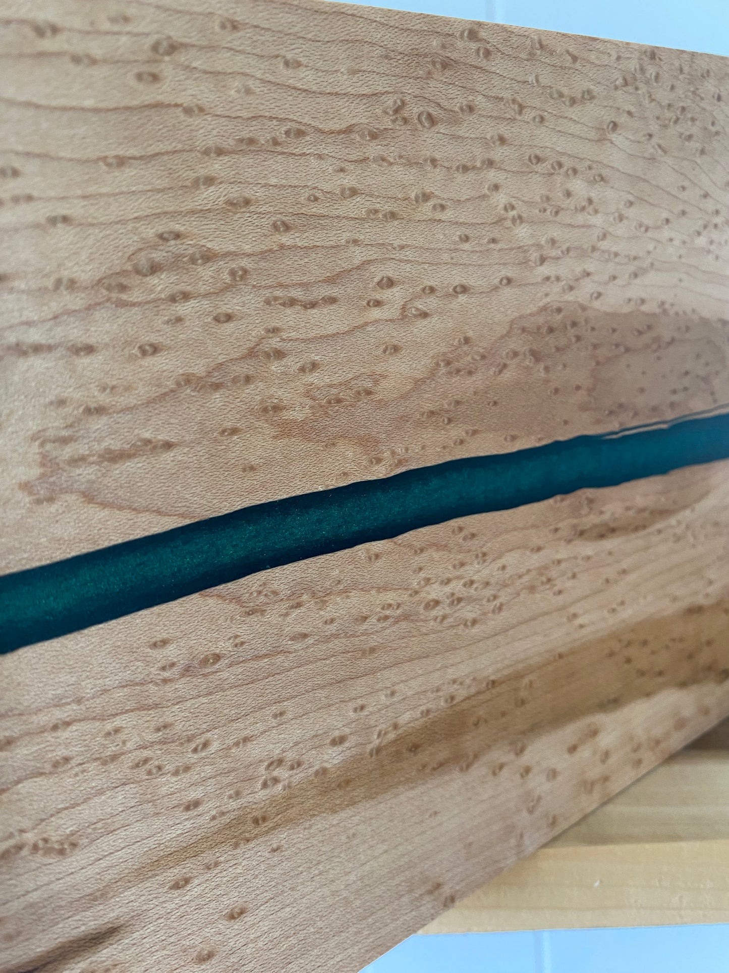 Minimalist Cremation Urn-Birdseye maple, green epoxy, imperfect wood, for Adult Human Ashes, up to 135 pounds