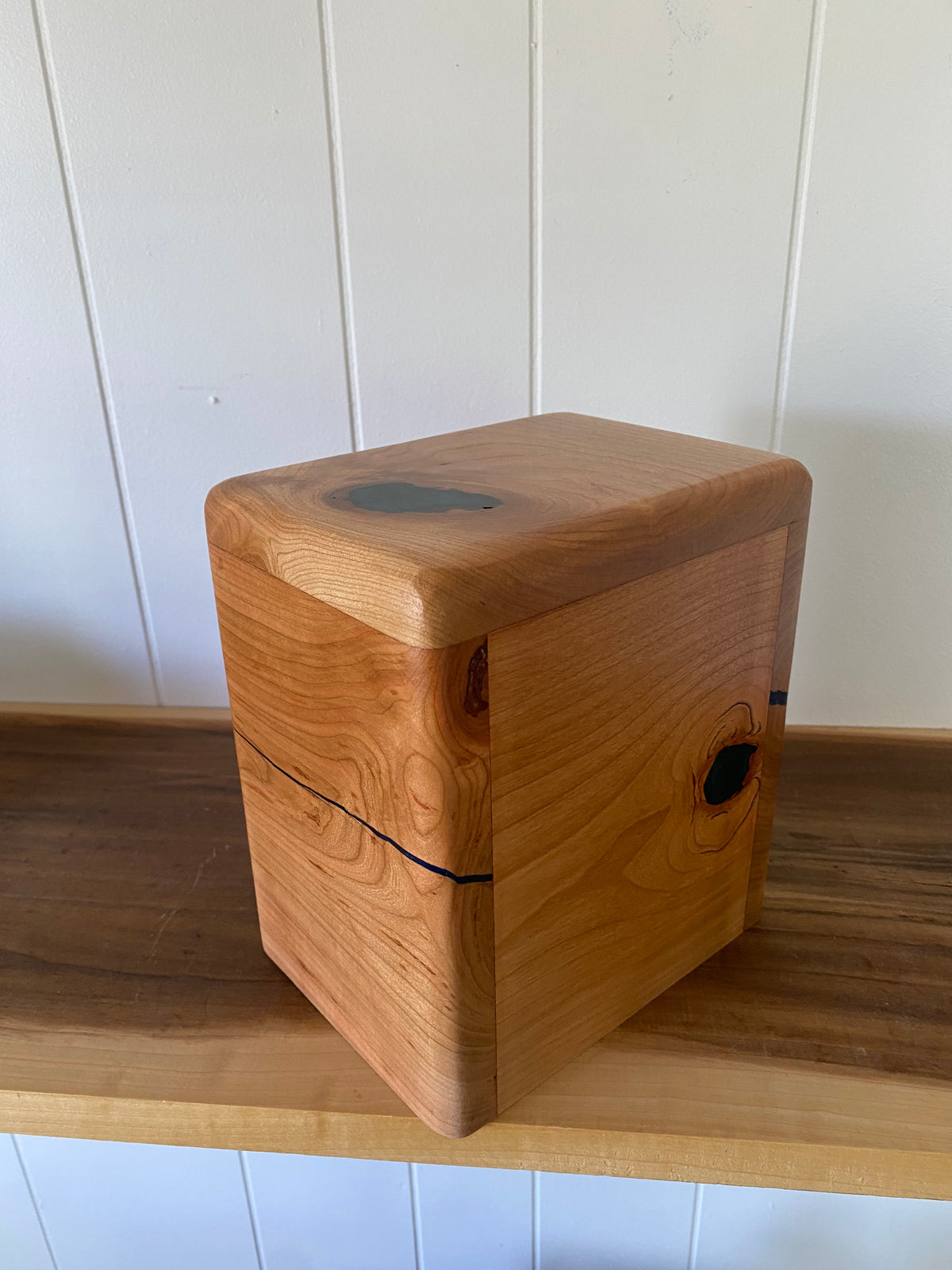 Minimalist Cremation Companion Urn-Cherry with green and blue epoxy, for Ashes, up to 100 pounds
