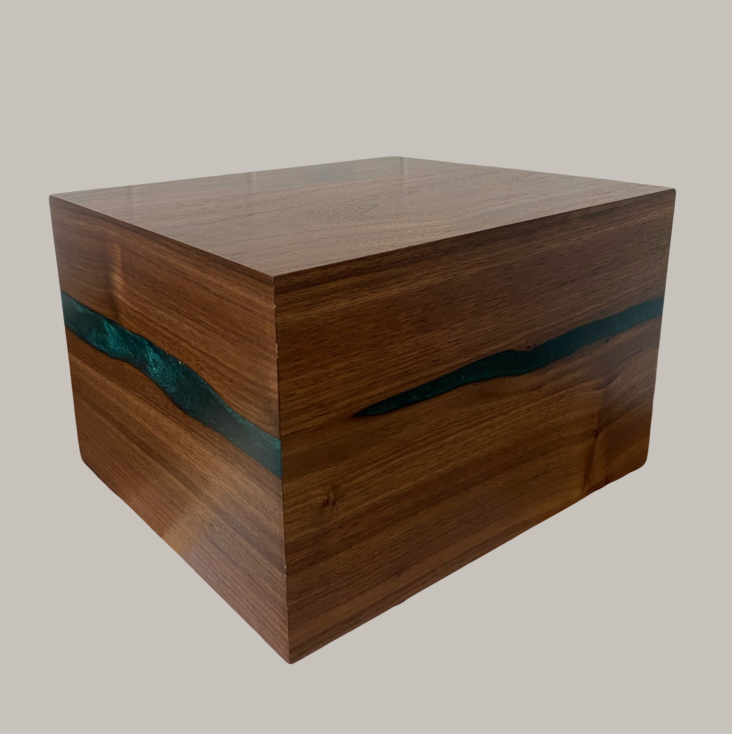 Minimalist Cremation Urn-Black Walnut, blue and green epoxy for Adult Human Ashes, up to 280pounds