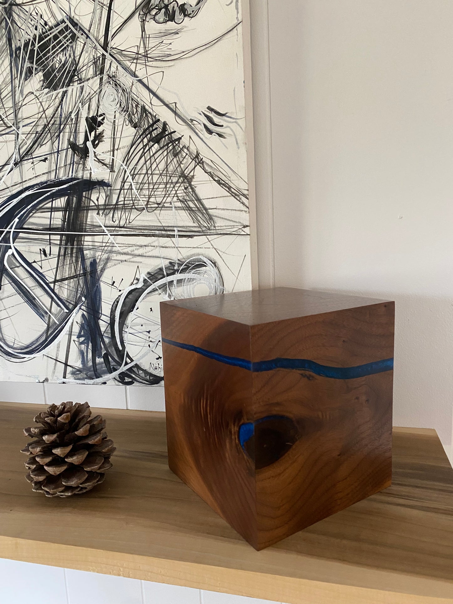 Handcrafted Cremation Urn-Black Walnut, blue epoxy, marbled imperfect wood, for Adult Human Ashes, up to 120 pounds