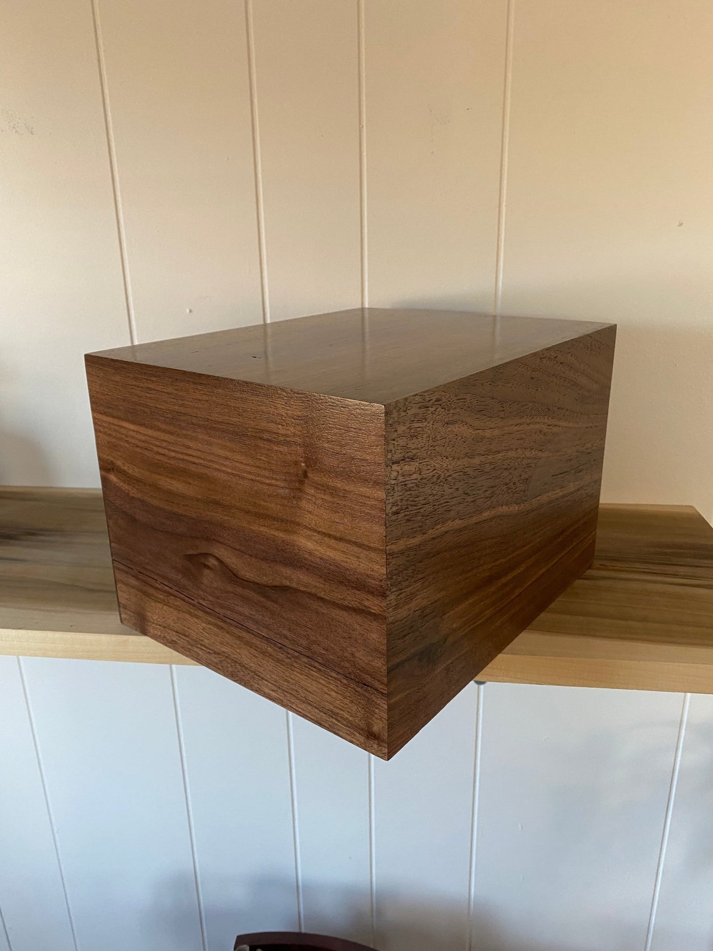 Minimalist Cremation Urn-Black Walnut, blue epoxy, imperfect, knotty, for ashes, up to 350 pounds