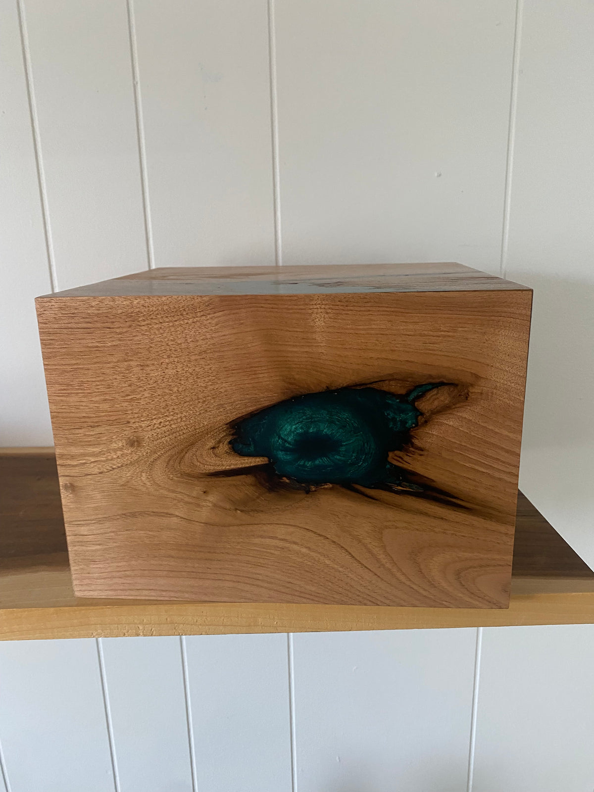 Minimalist Cremation Urn-Butternut, green epoxy for Adult Human Ashes, up to 300 pounds