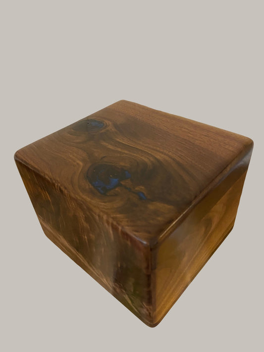 Minimalist Cremation Urn-Black Walnut marbled, blue epoxy, imperfect, knotty for Ashes, up to 230 pounds