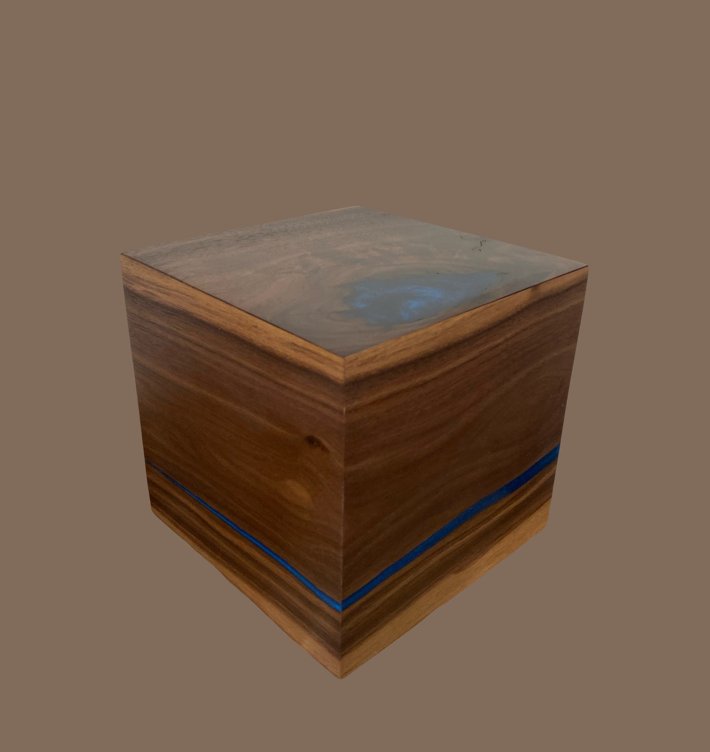 Cube Cremation Urn-Black Walnut marbled, black epoxy, imperfect, knotty for Ashes, up to 165 pounds