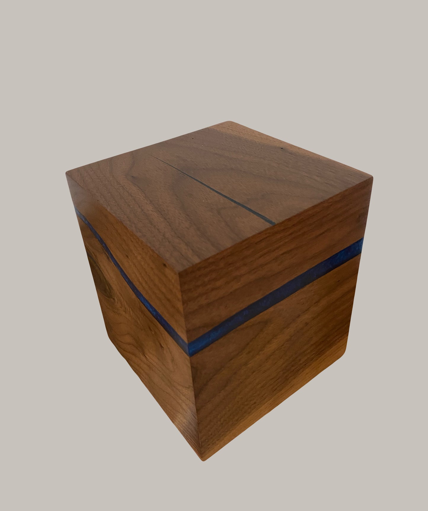 Handcrafted Cremation Urn-Black Walnut, blue epoxy, marbled imperfect wood, for Adult Human Ashes, up to 120 pounds