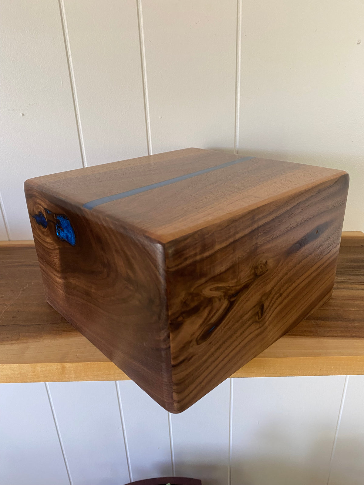 Minimalist Cremation Urn-Black, Walnut with blue epoxy for Adult Human Ashes, up to 200 pounds