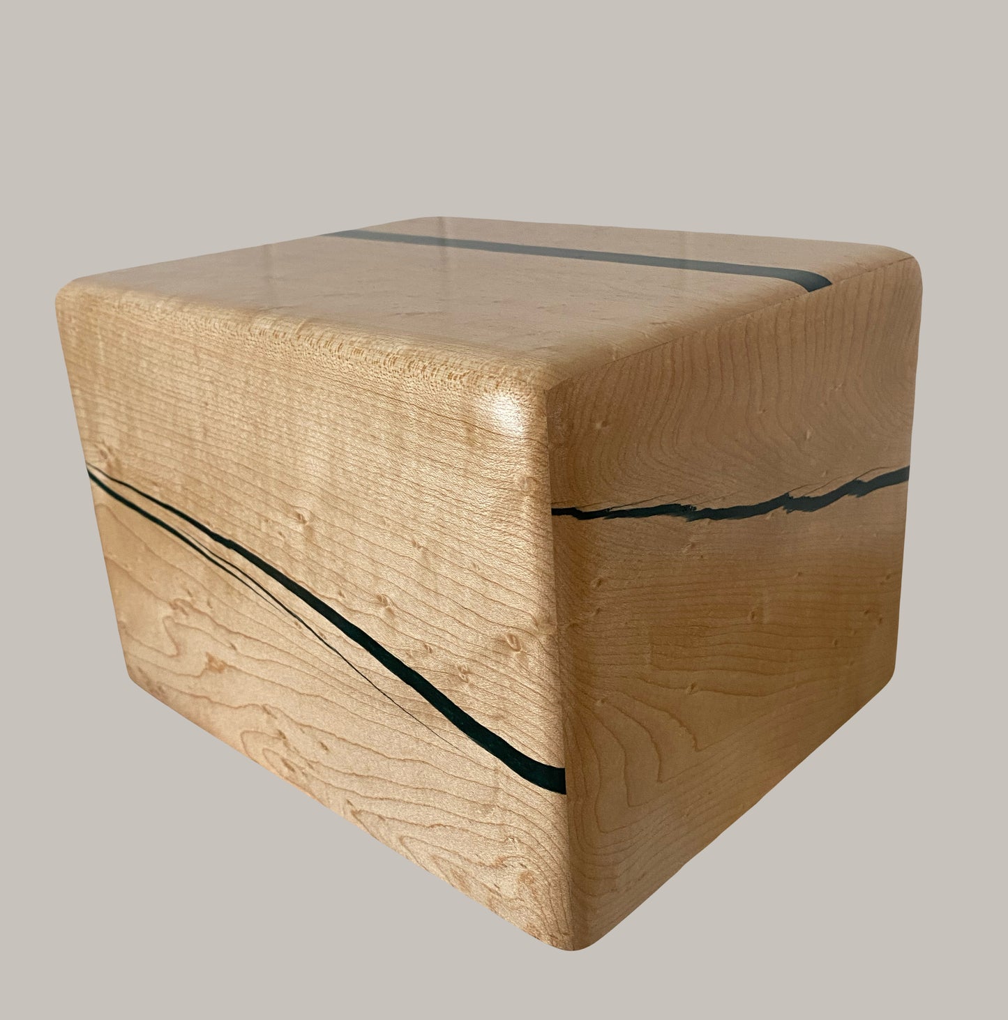 Minimalist Cremation Urn-Birdseye maple, green epoxy, imperfect wood, for Adult Human Ashes, up to 185 pounds
