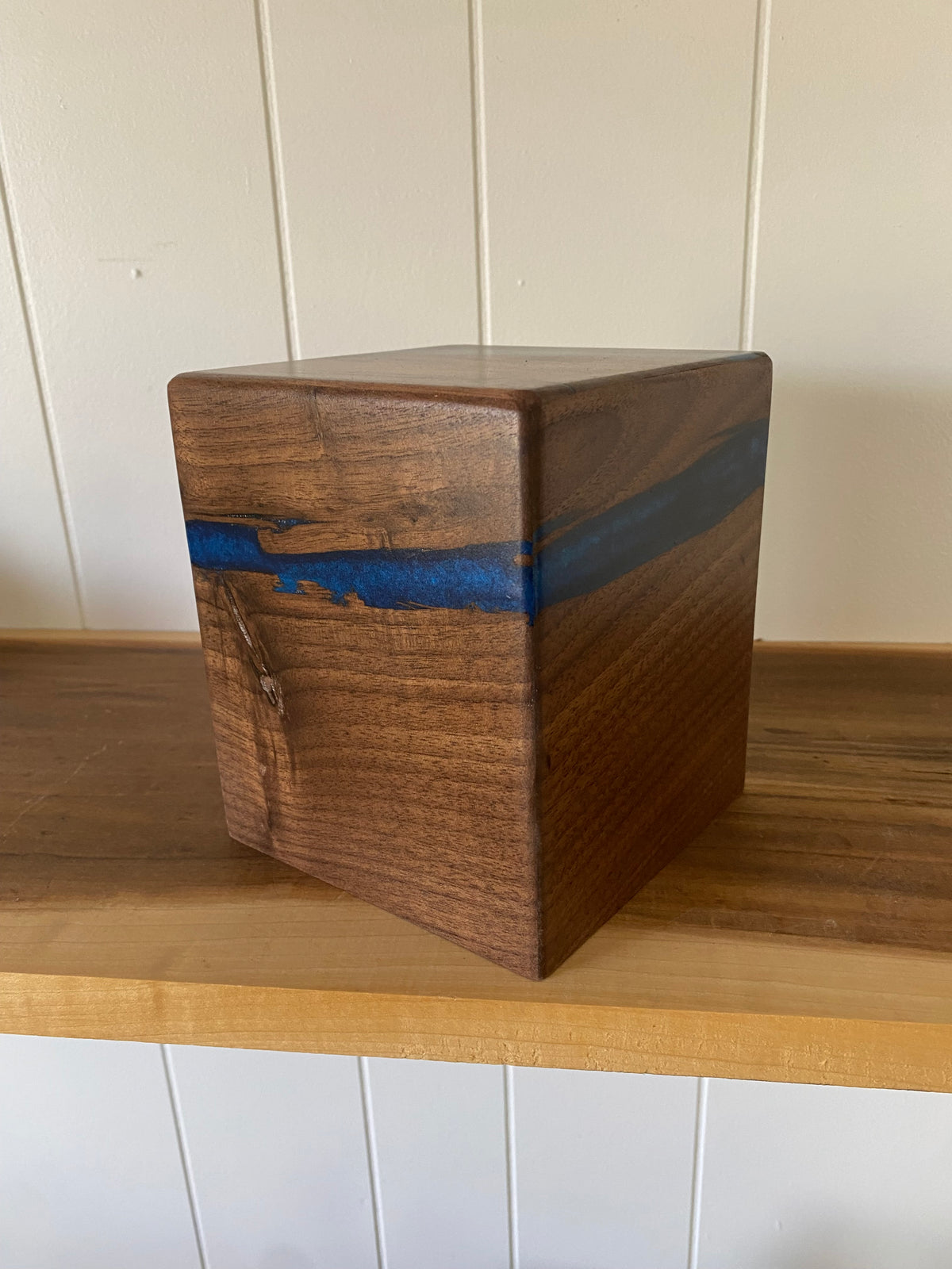 Minimalist Cremation Urn-Black Walnut, blue epoxy for Adult Human Ashes, up to 50 pounds