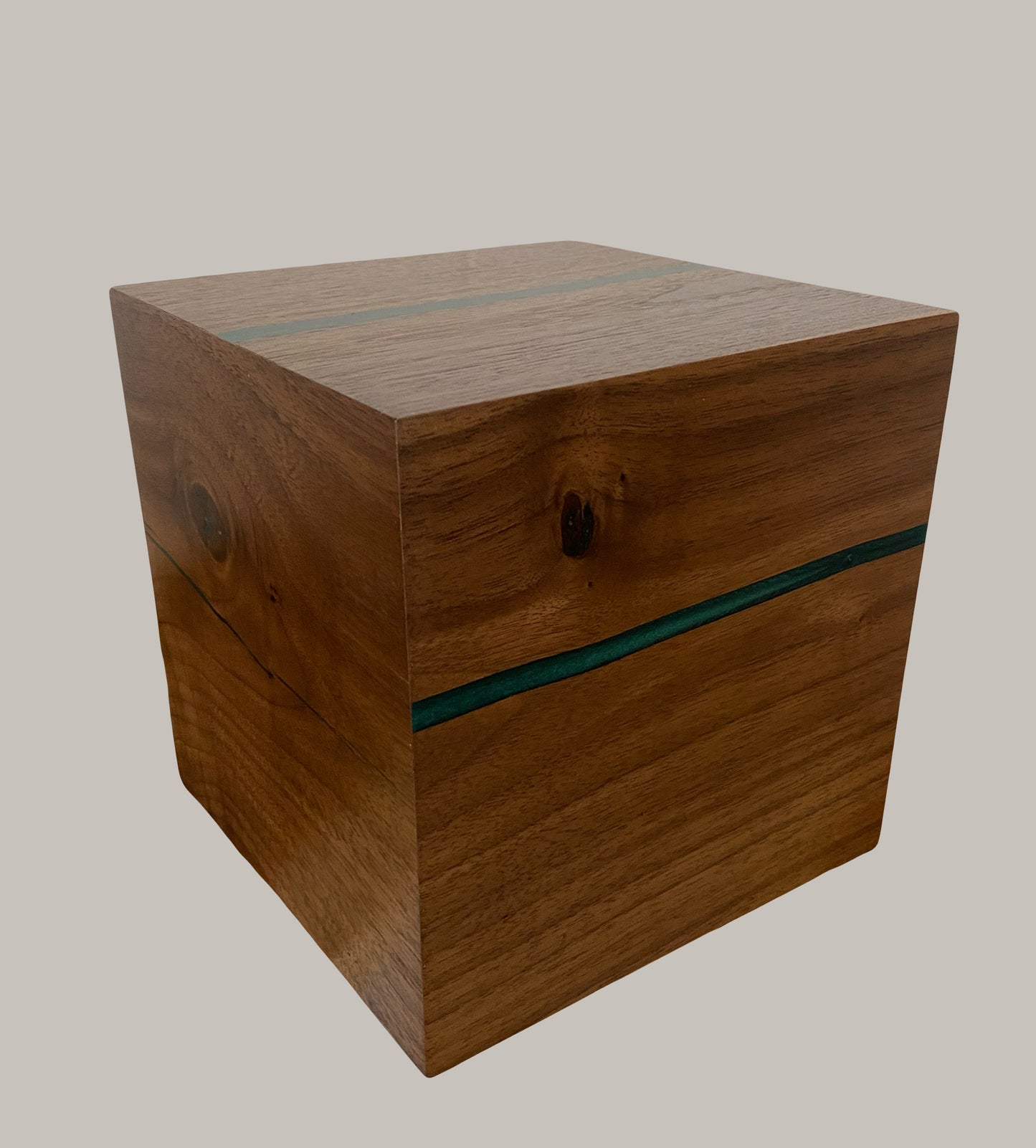 Minimalist Cremation Urn-Black Walnut, green epoxy, imperfect wood, for Adult Human Ashes, up to 150 pounds