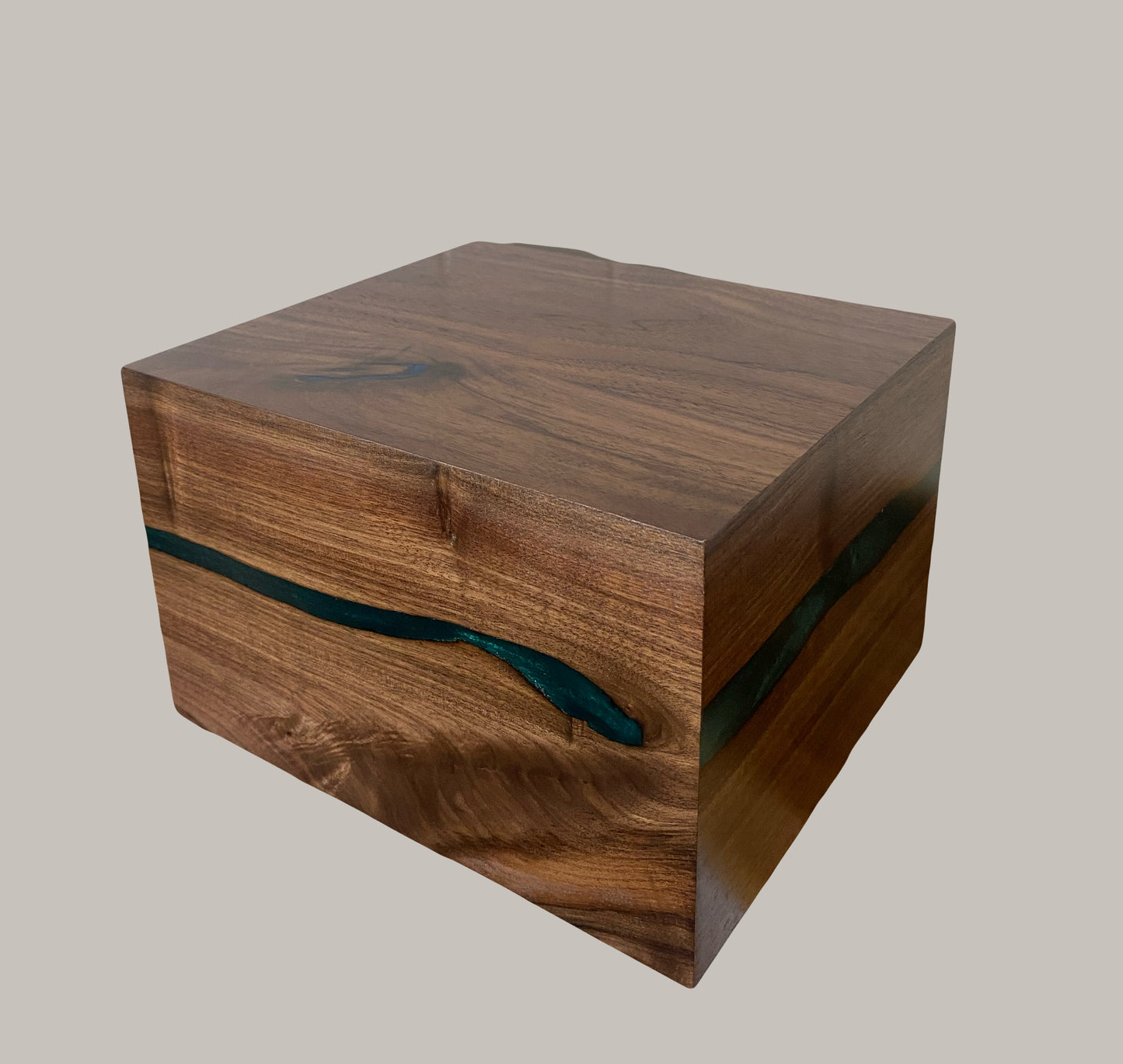 Minimalist Cremation Urn-Black Walnut, blue and green epoxy for Adult Human Ashes, up to 280pounds