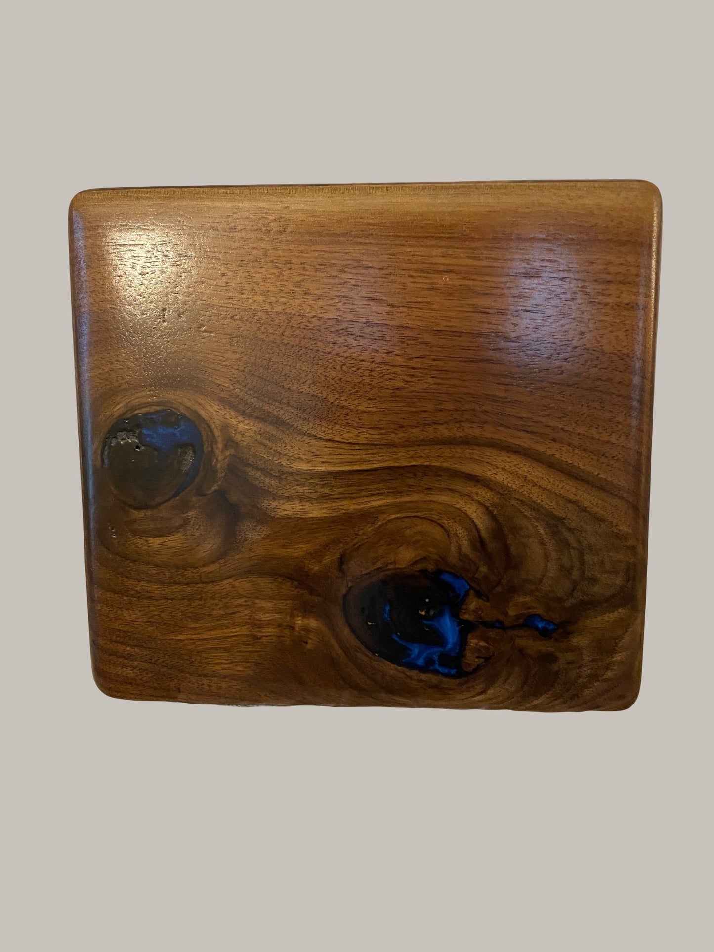 Minimalist Cremation Urn-Black Walnut marbled, blue epoxy, imperfect, knotty for Ashes, up to 230 pounds