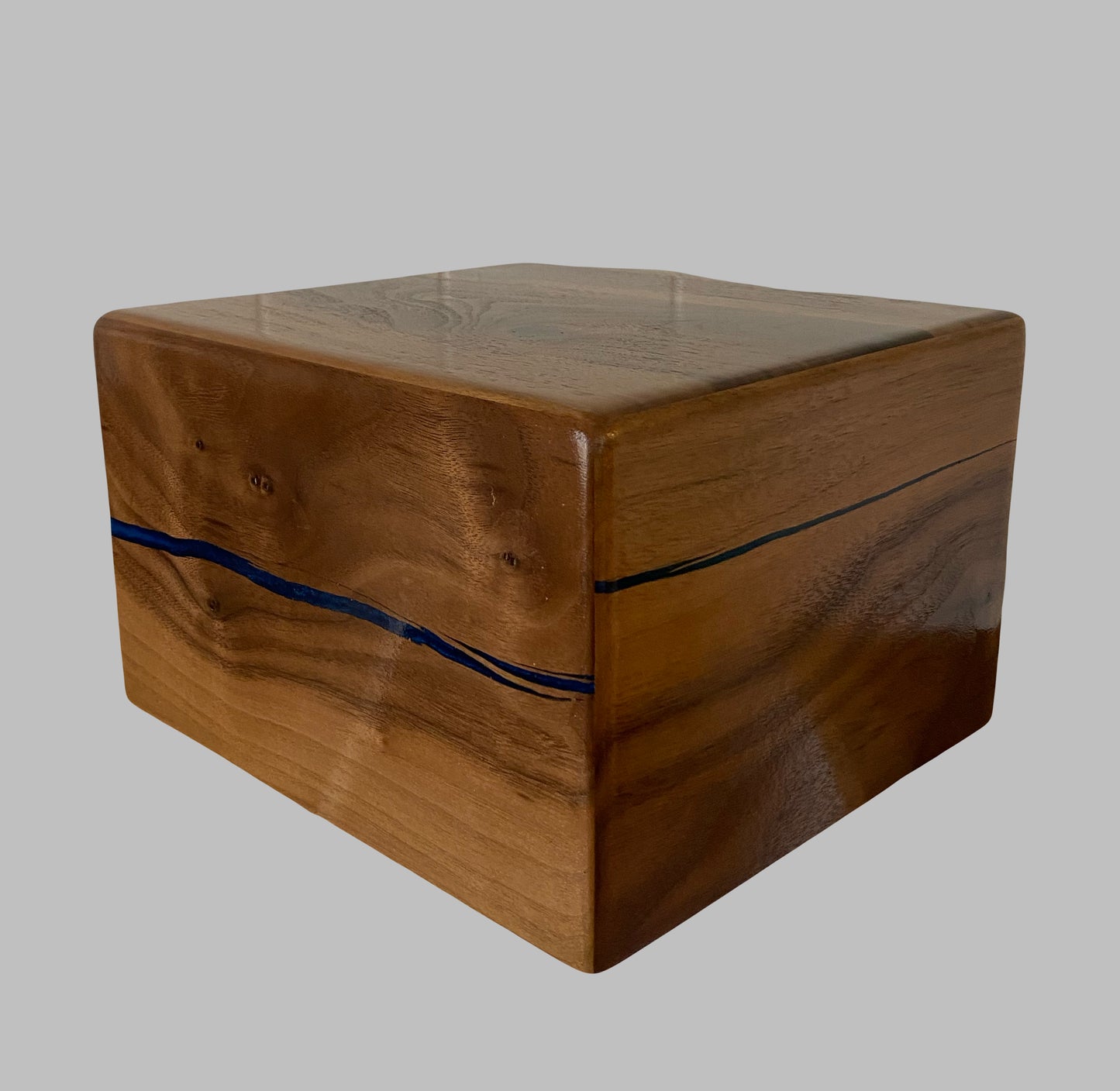Minimalist Cremation Urn-Black Walnut, blue and green epoxy, bicolored imperfect wood, for Adult Human Ashes, up to 300 pounds
