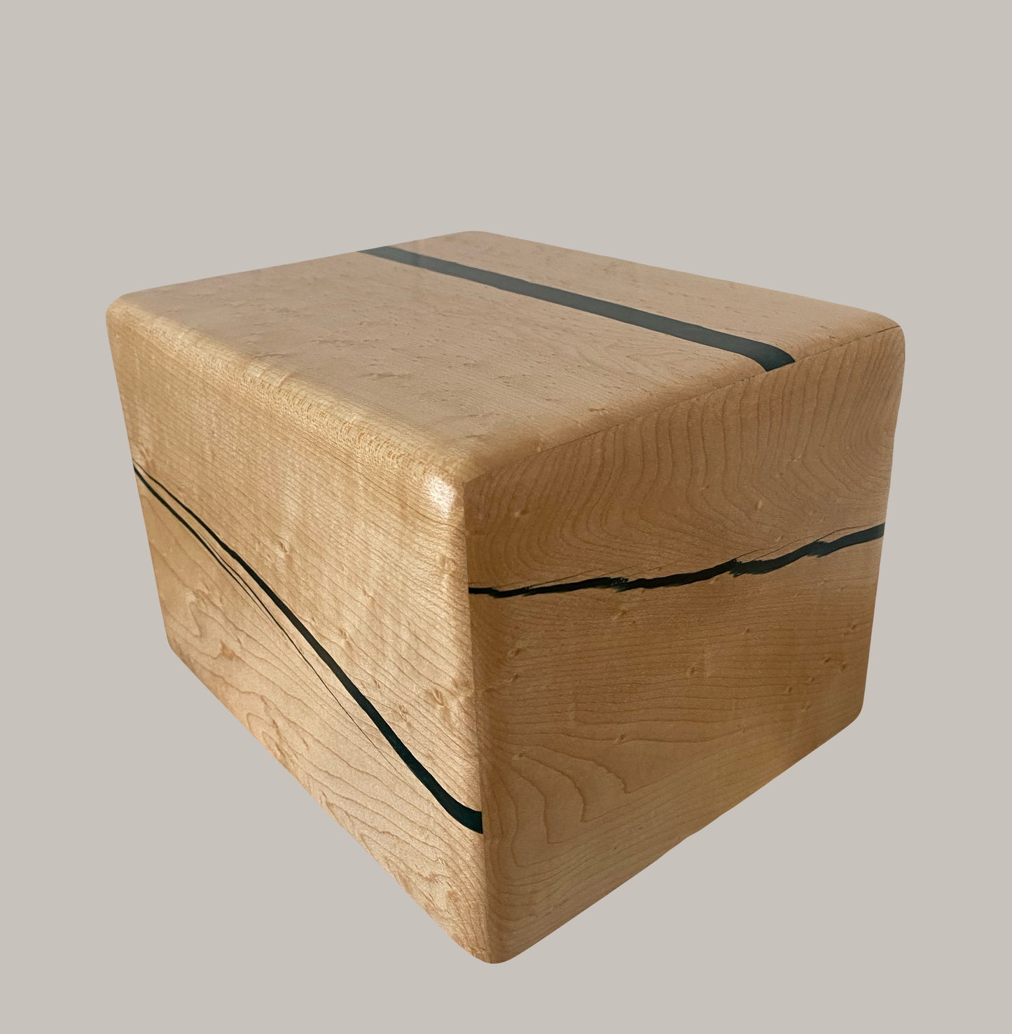 Minimalist Cremation Urn-Birdseye maple, green epoxy, imperfect wood, for Adult Human Ashes, up to 185 pounds