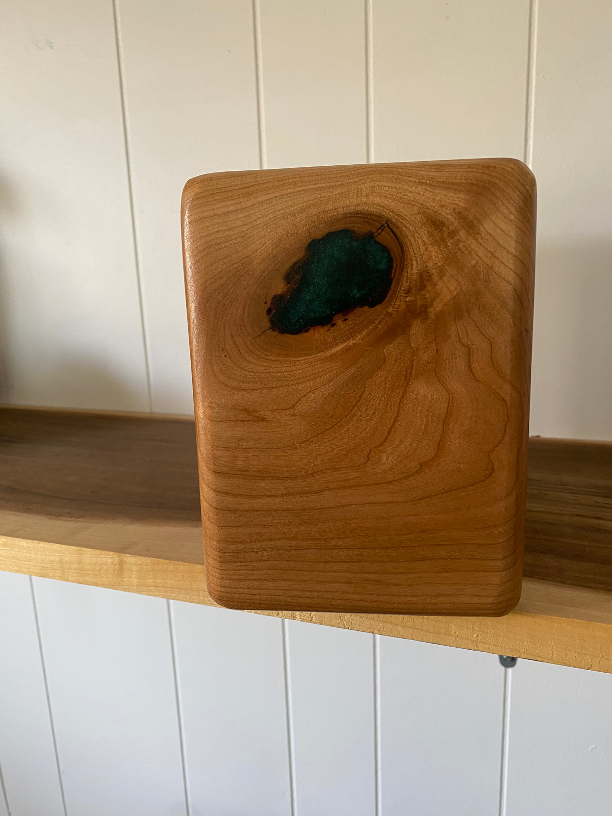 Minimalist Cremation Companion Urn-Cherry with green and blue epoxy, for Ashes, up to 100 pounds