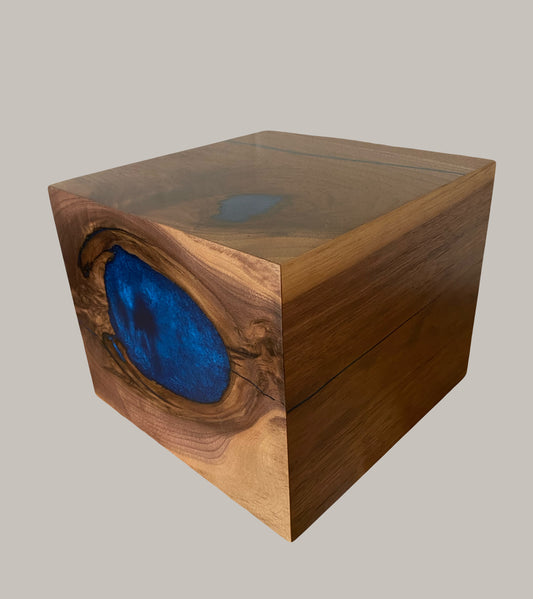 Minimalist Cremation Urn-Black Walnut, blue epoxy, marbled imperfect wood, for Adult Human Ashes, up to 200 pounds