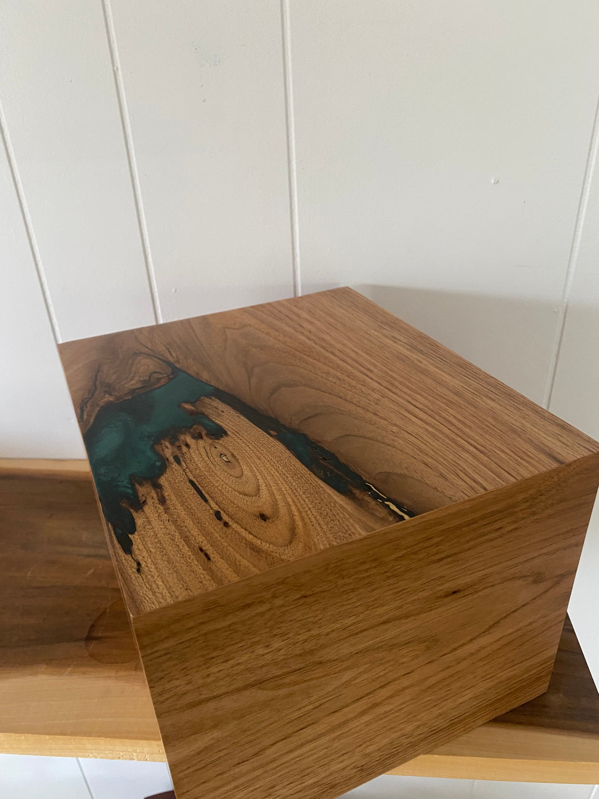 Minimalist Cremation Urn-Butternut, green epoxy for Adult Human Ashes, up to 300 pounds
