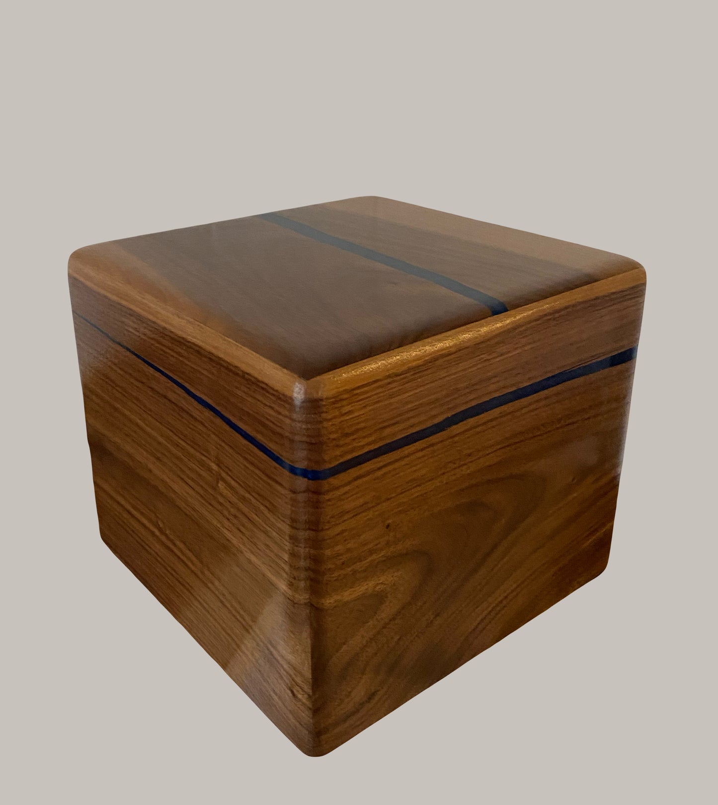 Minimalist Cremation Urn-Black Walnut, blue epoxy, imperfect, bicolored for ashes, up to 230 pounds