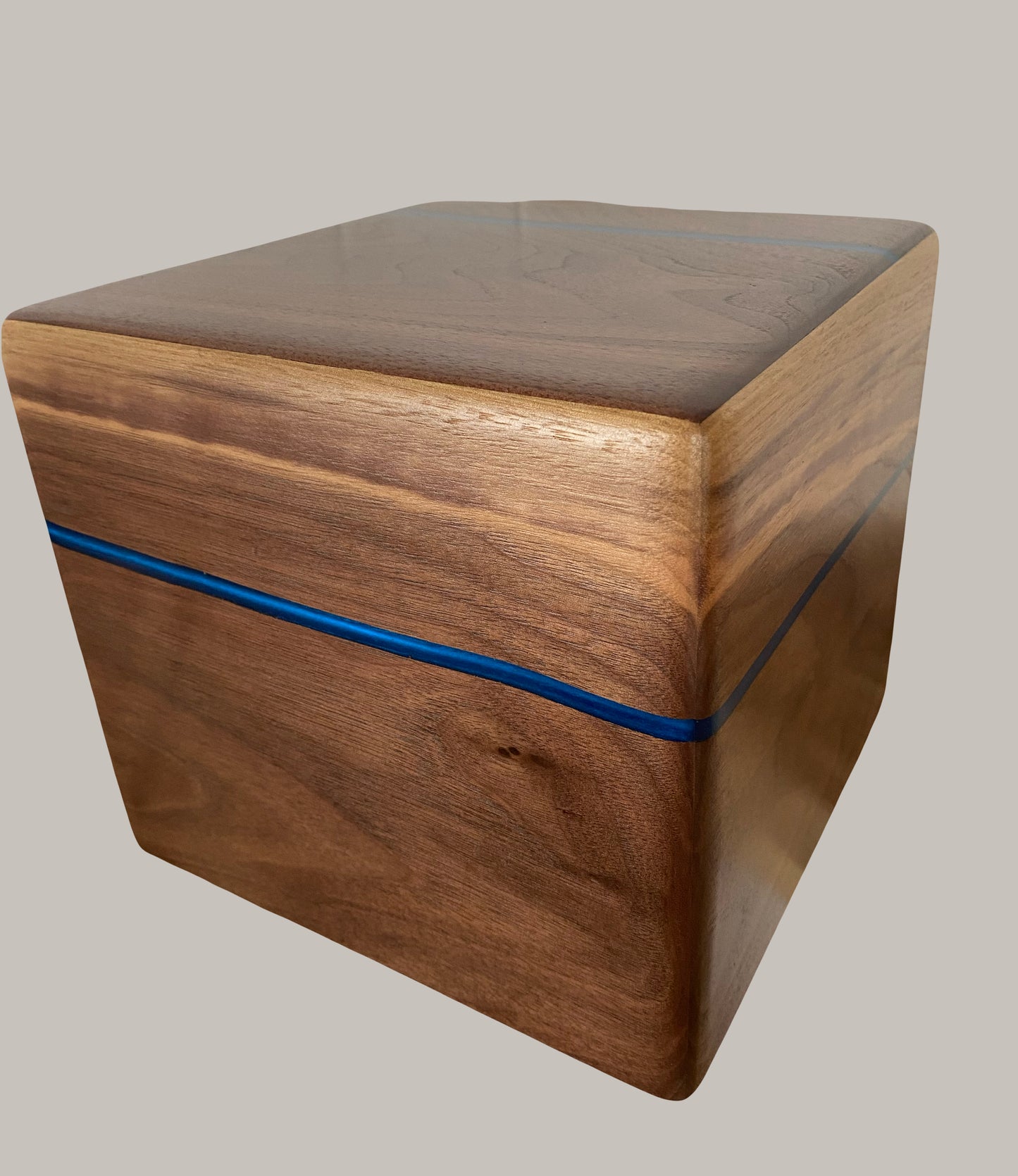 Minimalist Cremation Urn-Black Walnut, blue epoxy, imperfect, bicolored for ashes, up to 365 pounds