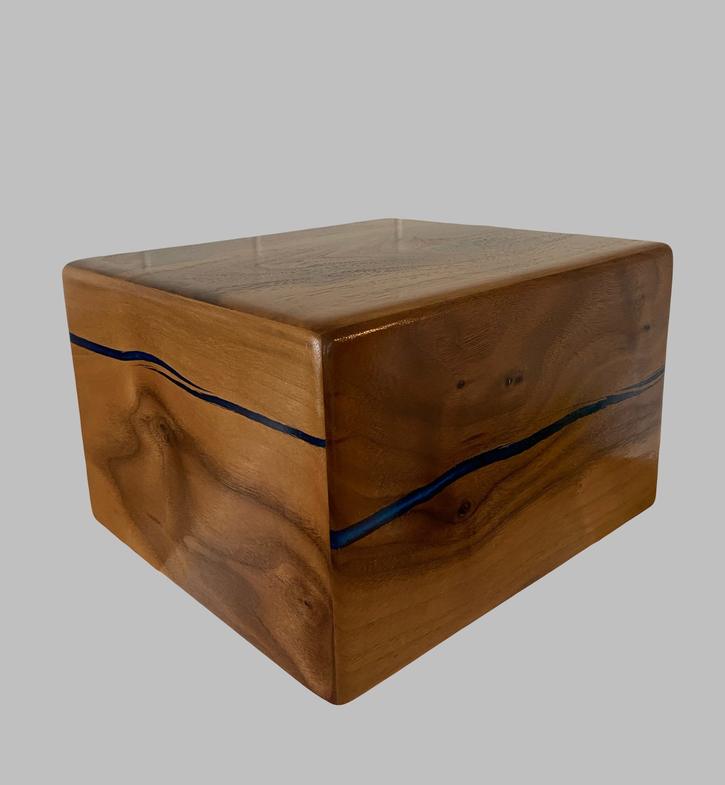 Minimalist Cremation Urn-Black Walnut, blue and green epoxy, bicolored imperfect wood, for Adult Human Ashes, up to 300 pounds